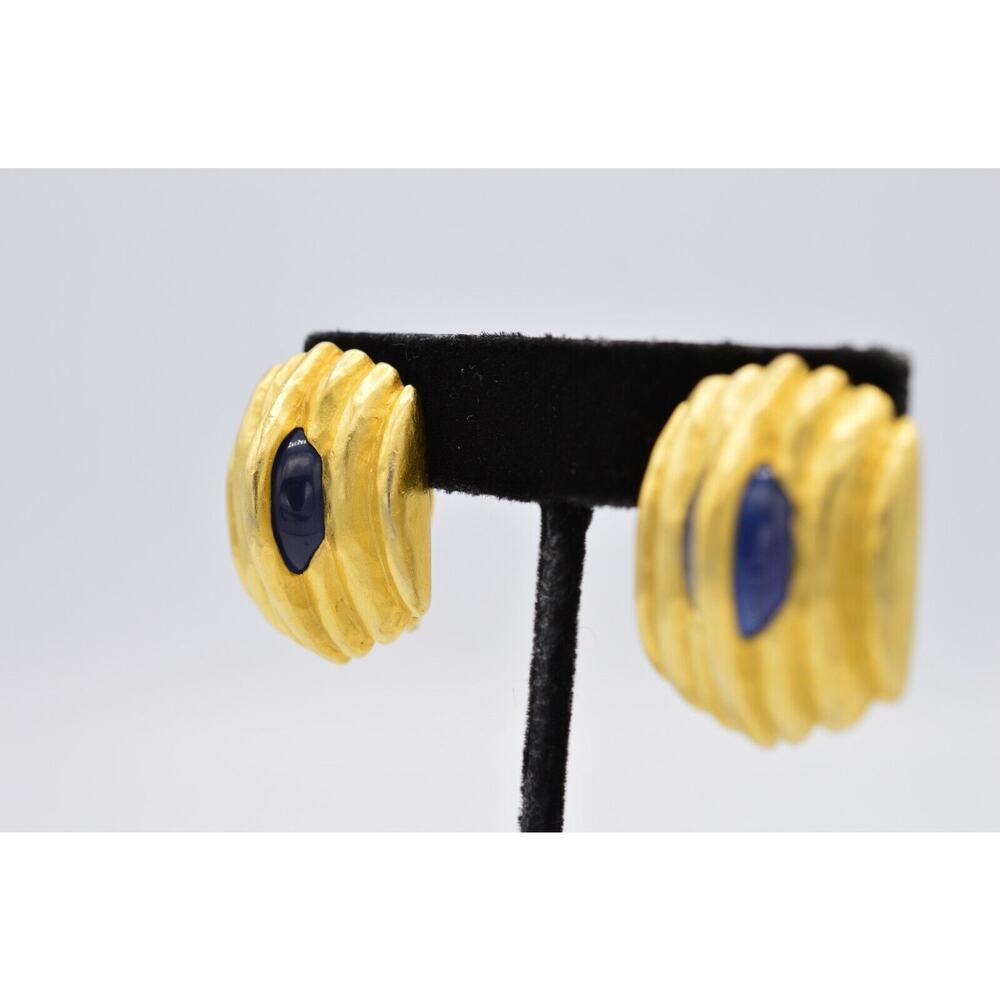 Givenchy Vintage Cabochon Clip On Earrings Brushed Gold Blue Chunky Signed BinX - Picture 3 of 12